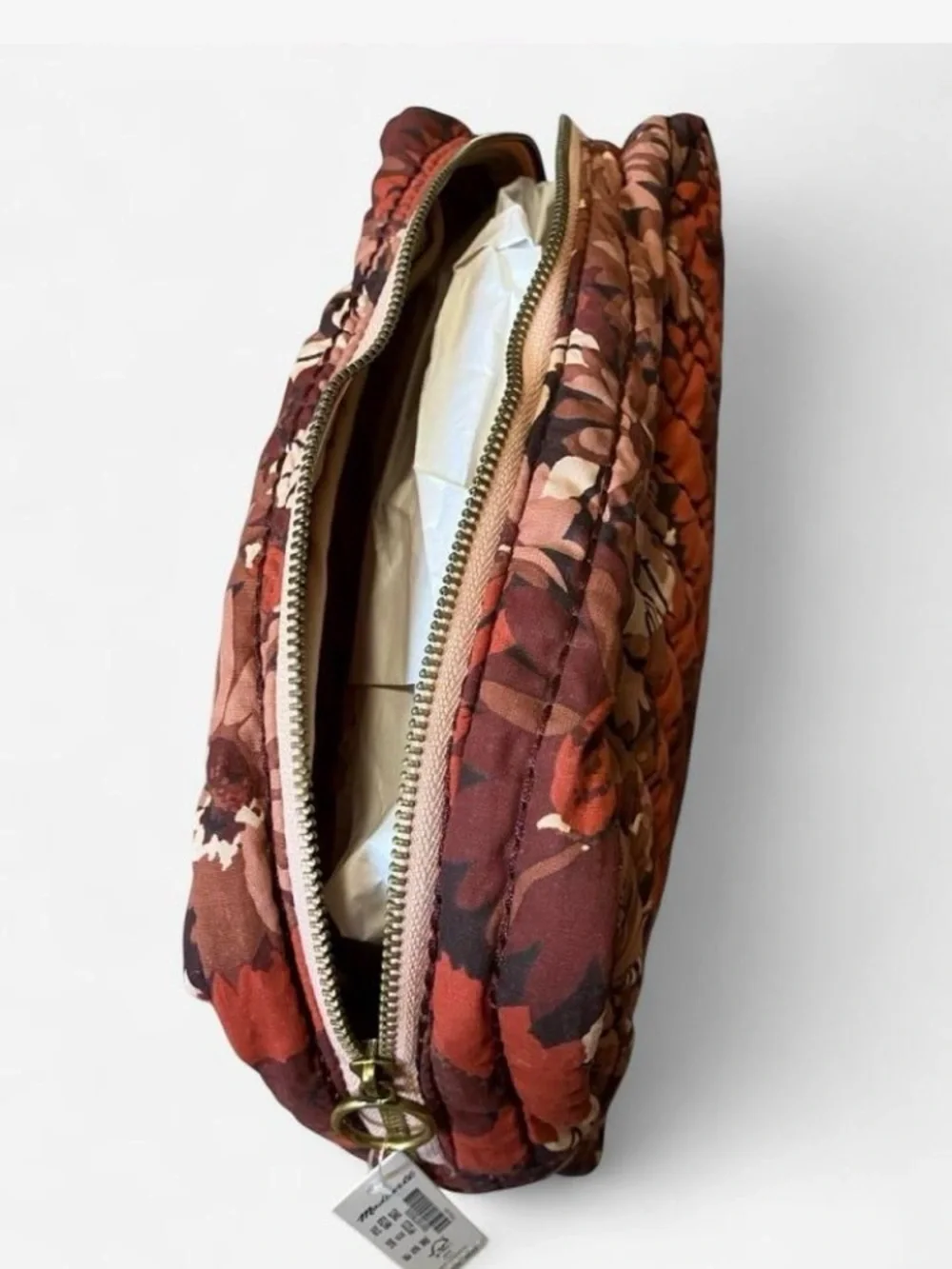 Madewell Quilted Floral Cosmetic Pouch in Rust, Brown, Cream NWT